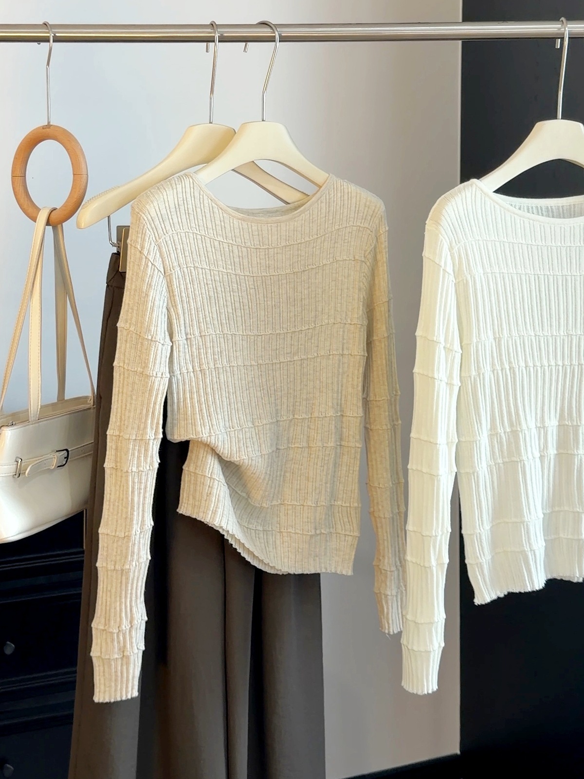 Textured Horizontal Striped Round-Neck Knit Base Shirt For Women, New Autumn Korean Version, Slim-Fit, Long-Sleeved Inner Top Spider Hoodie