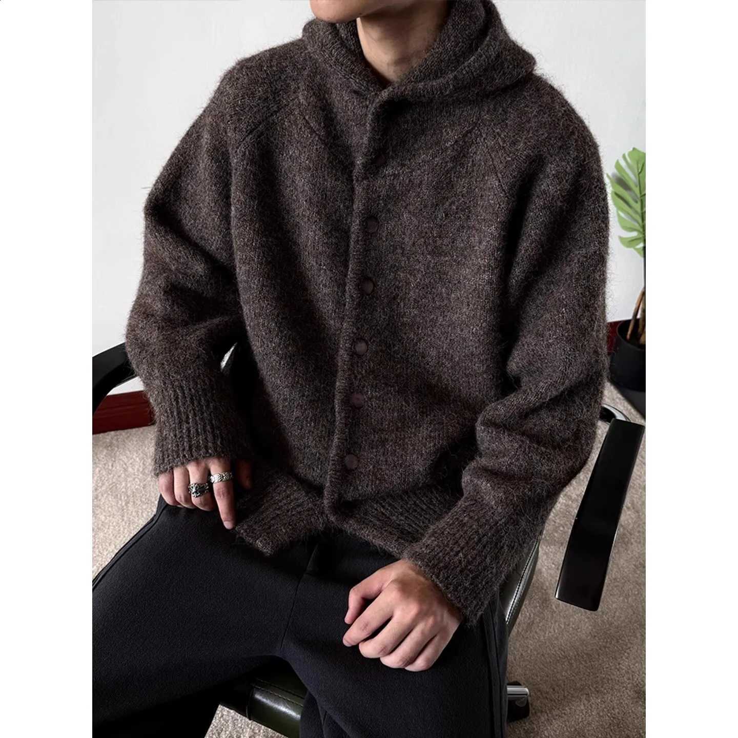2025 Hoodies Man Winter Knitting New Men's Heavyweight Knit Cardigan Solid Color Half Turtleneck Hooded Warm Thick Outerwear J260916