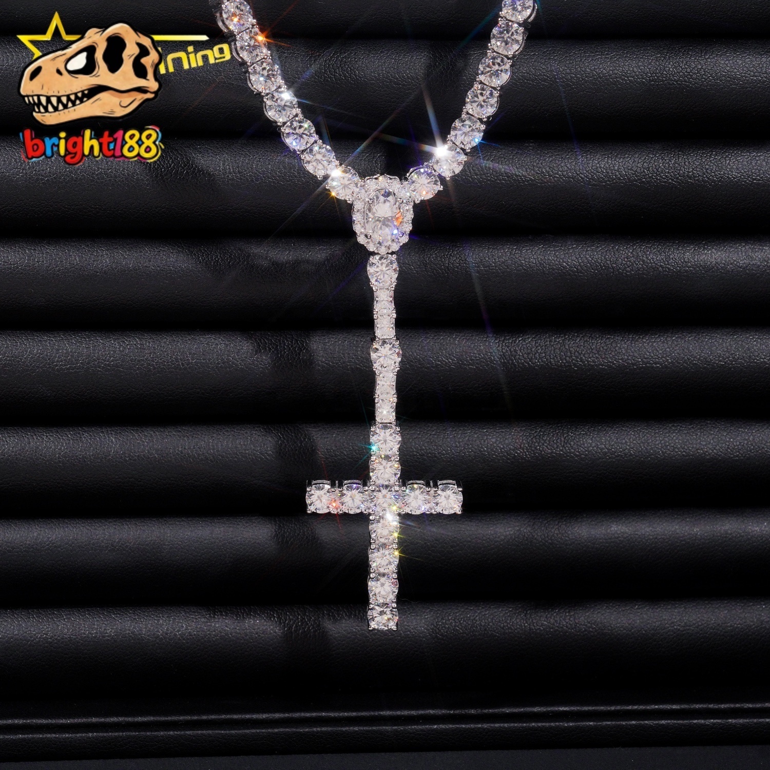 New Arrival Hot Sell Iced Out 5MM Width 925 Sterling Silver VVS Moissanite Rosary Cross Tennis Chain Necklace