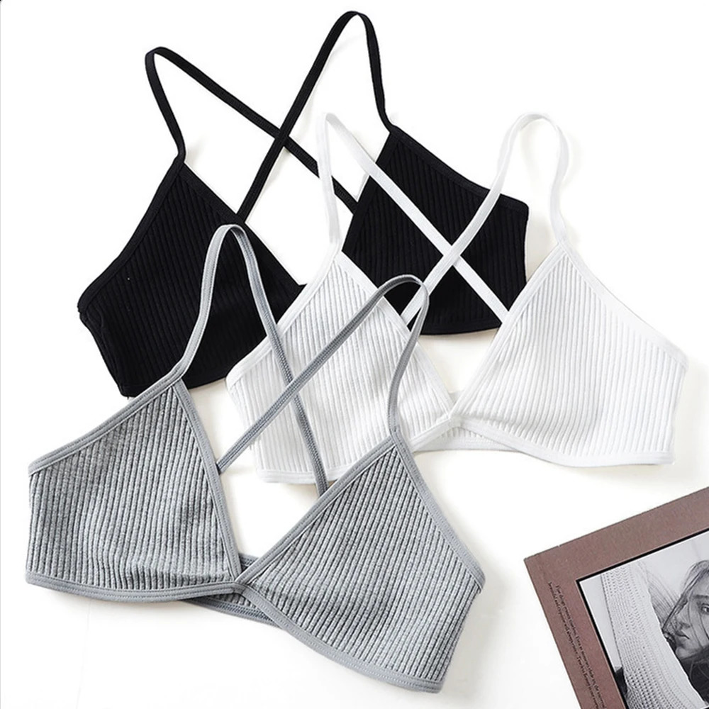 Comfort Lingerie Cotton Bras For Women Thin Style Unlined Bralette Sexy Deep V Triangle Cup Cross Beauty Back Bra 260917