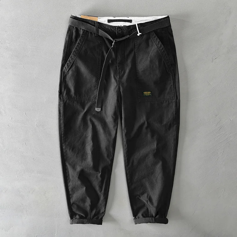 Spring Autumn Men Pure Cotton Cargo Pants Korean Style Male Casual Loose Belt Mid Waist Man Trouser Plus Size 260917