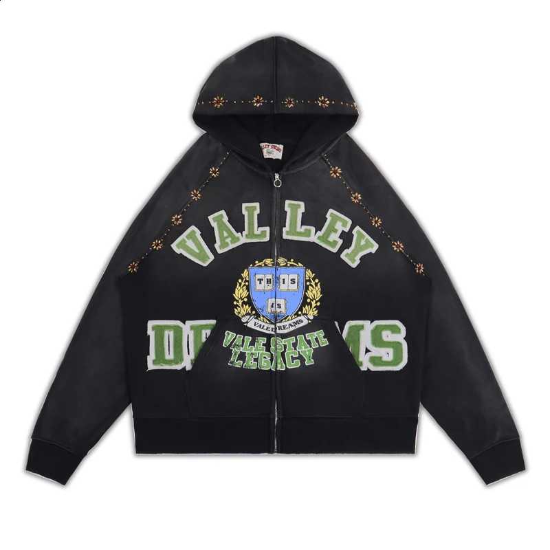 26SS New Streetwear Brand VALE Hoodies American Style Retro Distressed Washed Diamond Inlaid Black Zipper Sweatshirts X260916