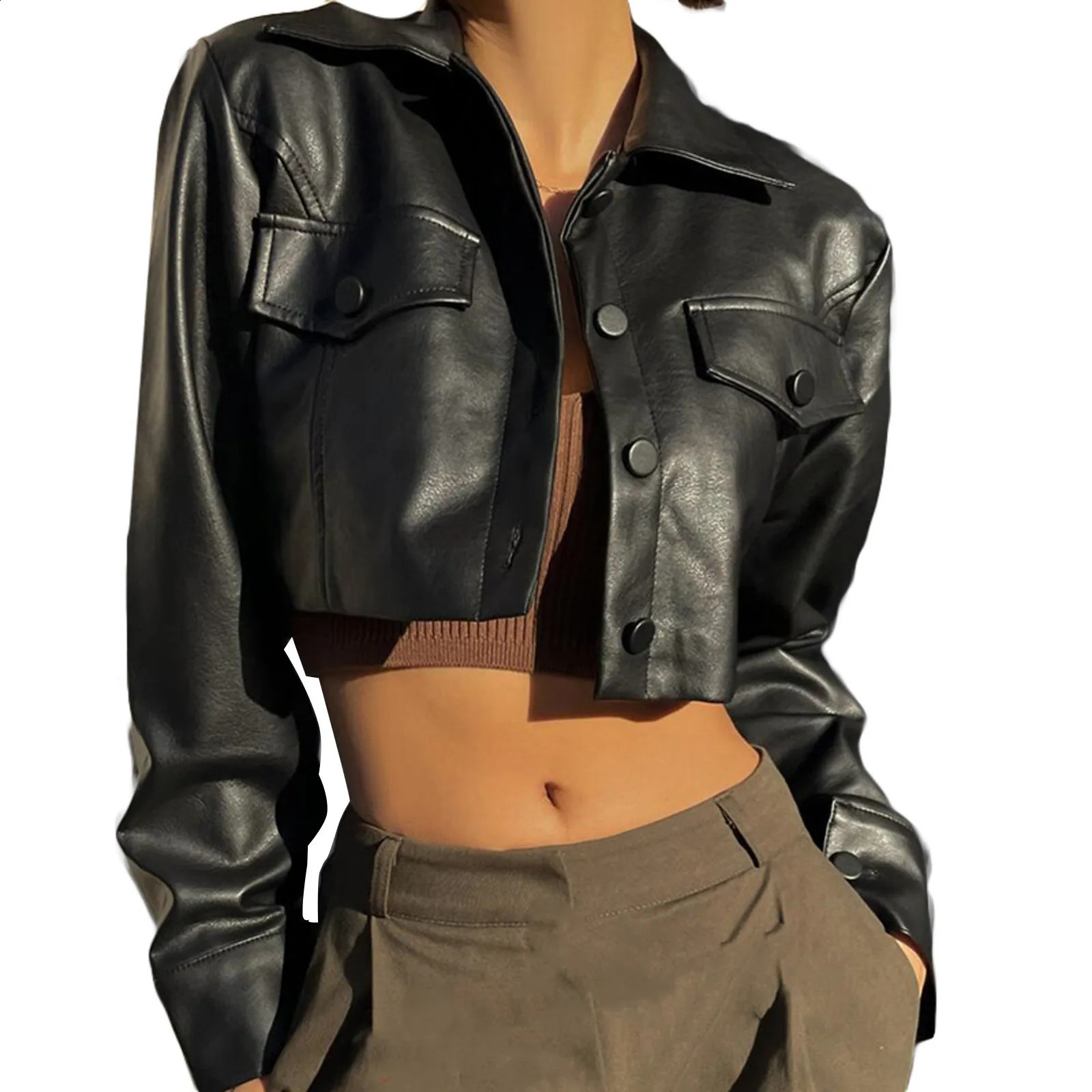 Women Crop Leather Coats Solid Black Casual Long Sleeve Button Down Coat Spring Autumn Motorcycle style leather jacket 260916