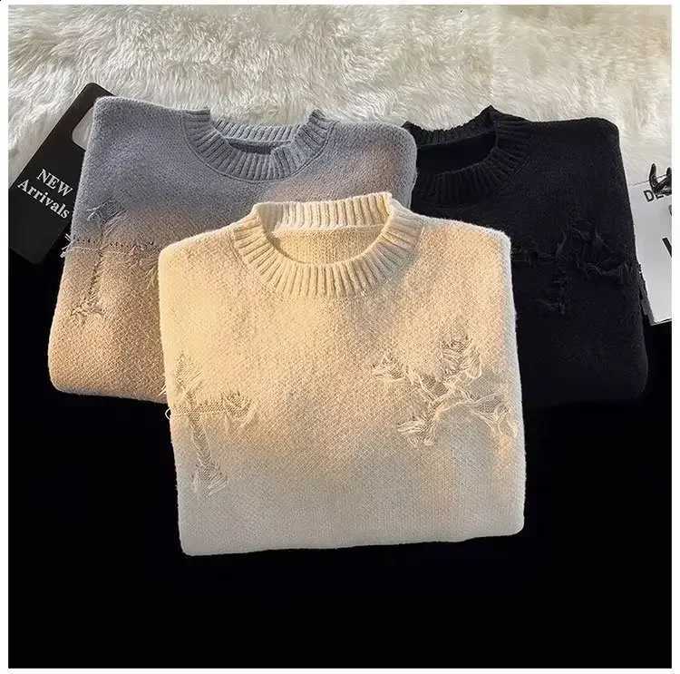 Sweater Neck Pullover Men's Crew Spring Autumn Cross Hole Fashion High Street American Retro Japanese Style Knitted Shirt J260916