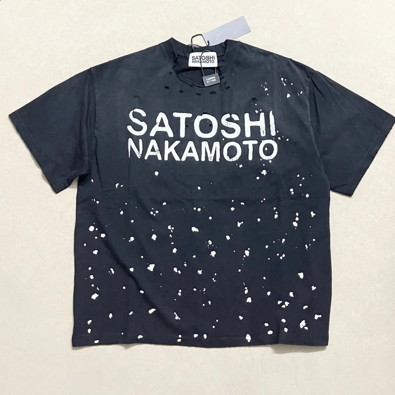 Heavyweight Cotton Men Short Sleeve T Shirt Satoshi Nakamoto Splashing ink graffiti Damaged collar Vintage Tee 260917