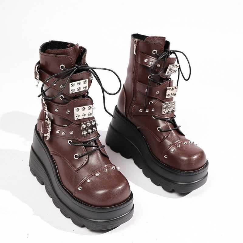 Studded Platform Mid-Cylinder Boots Round Toe Lace-Up Metal Versatile Plus Size Women's Shoes D260917