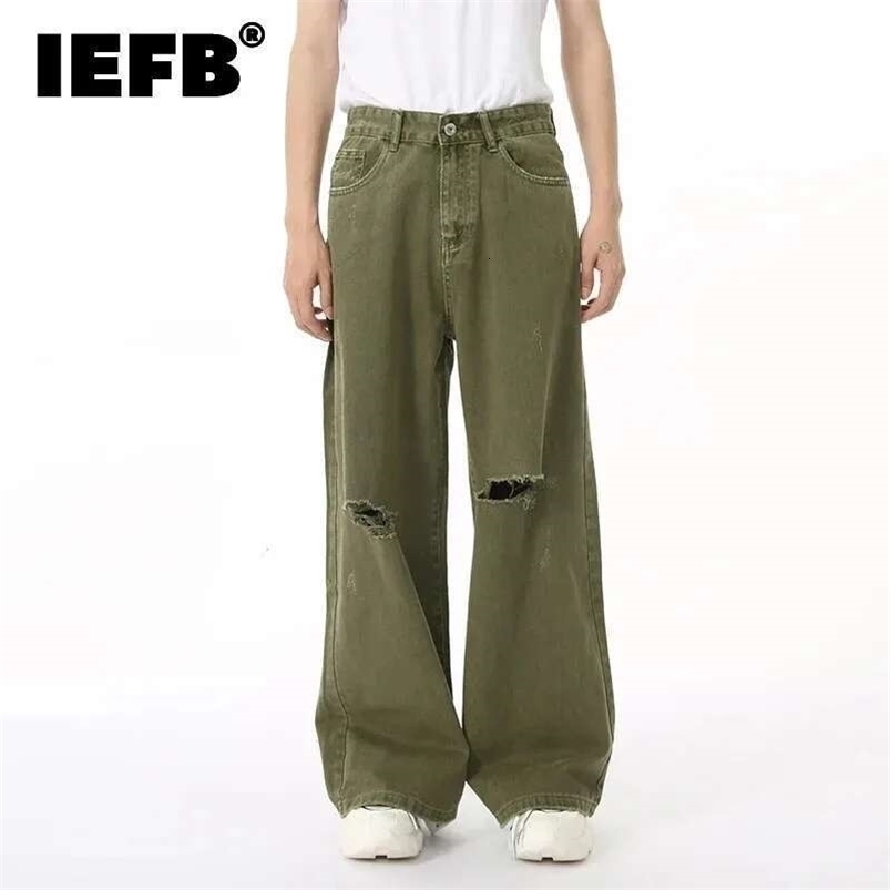 IEFB Men's Jean Vintage Fashion Men Wear Hole n Simple Solid Color Autumn Korean Straight Denim Pants Green 9C6950 260916