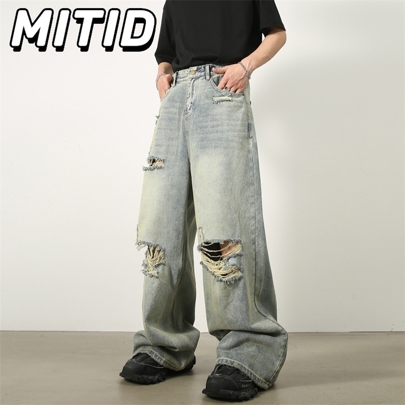 Korean Fashion Hole Ripped Jeans Men Mid-waist Straight Wide Leg Pants Hip Hop Streetwear Vintage Washed Trousers For 260916