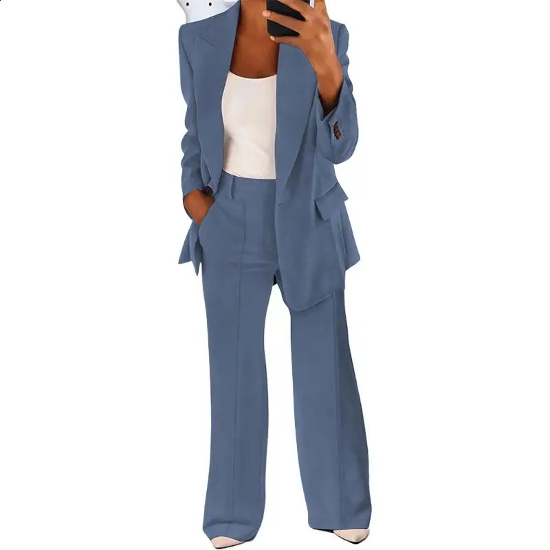 Womens Sets Two 2 Pieces Sale Casual Pocket Single Button Blazer Jackets High Elastic Waist OL Workwear Wide Leg Pant Suits 260917