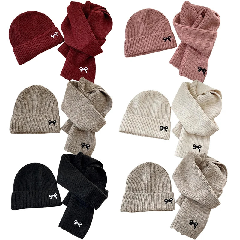 2PCS Korean Kids Knitted Hats Scarfs Suit Winter Children Beanie Soft Thicken Girls Boys Hat Cute Bow Embroidered Warm Cap 260916