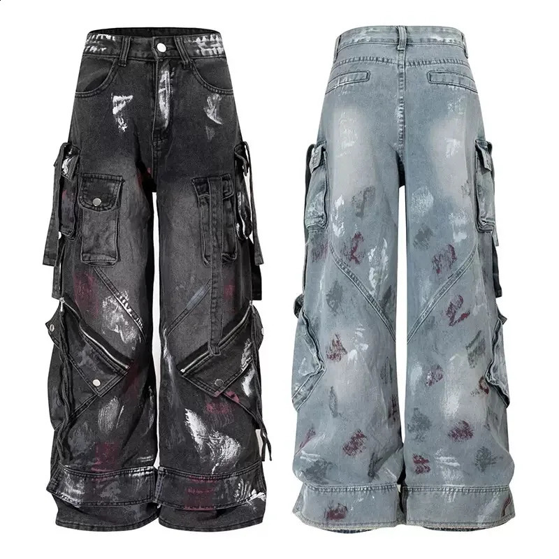 2000s Y2K heavy industry drag pants Gothic multipocket hip hop wide leg jeans washed black men and women street 260915