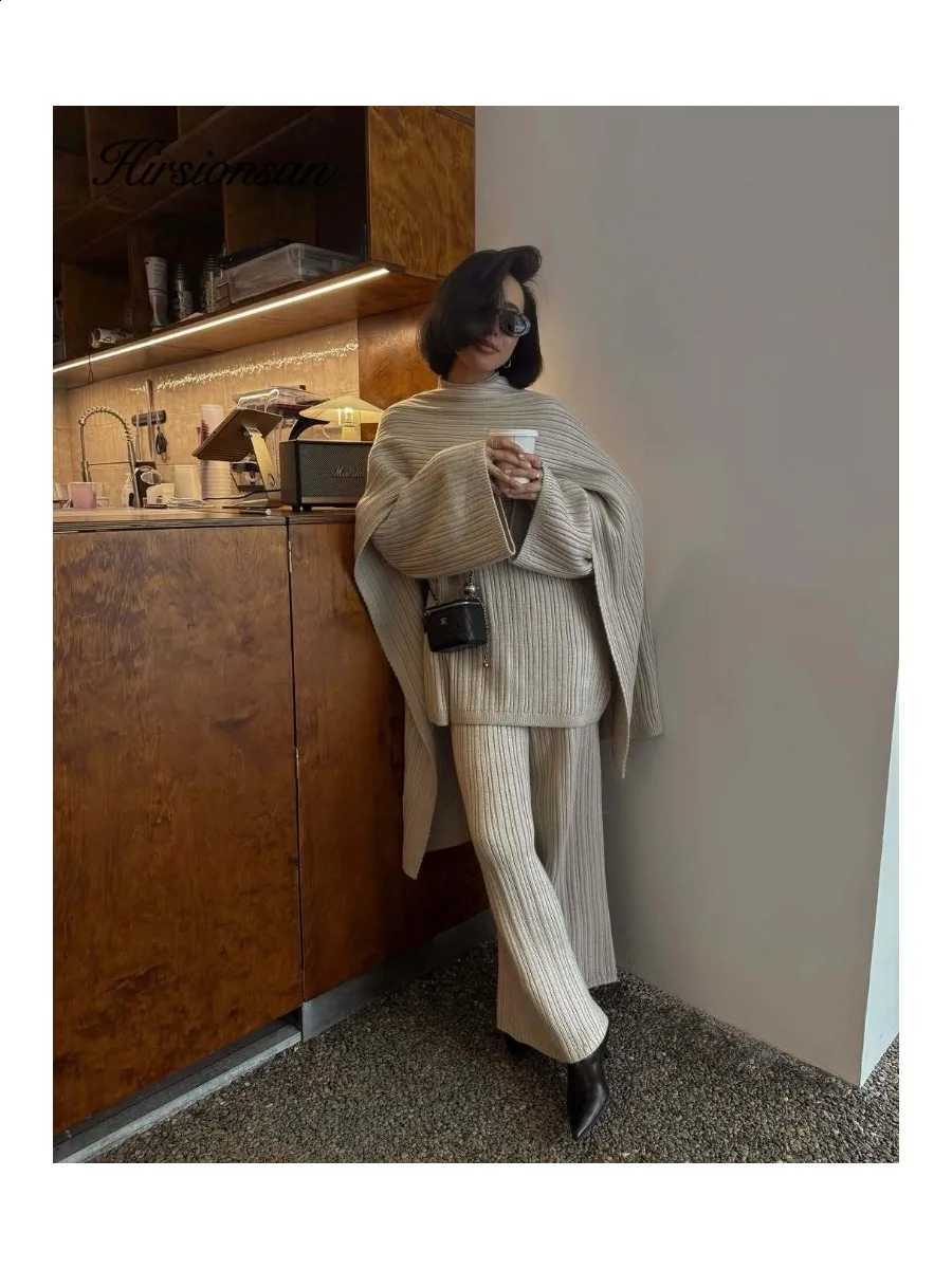 Women Hirsionsan Vintage Soft Elegant Suits 3 Pieces Female Sets O Neck Sweater Wild Leg Pants with Scarf Knitted TrackSuitW260915