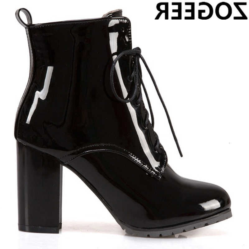 fa1 Ankle Boots For Women Winter Shoes Block High Heels Patent Lace-up Women's Short Boot Blue Red Black Large size 45 46 D260917