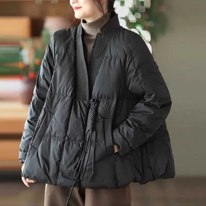 Thin Down Cotton Jacket For Women Autumn Winter Chinese Retro Style V-Neck Casual Lightweight Versatile Quilted Coat ZT192 H260917