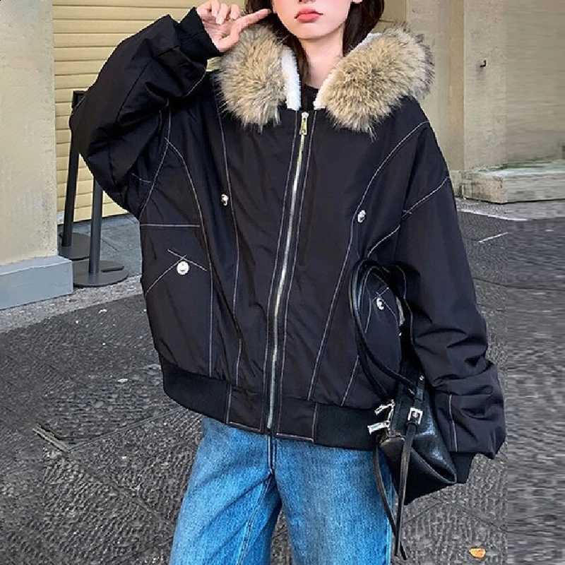 Fashion Faux Fur Parka Jacket Hooded Zipper Contrasting Line Warm Loose Cropped Coat 2026 Winter NEW High Street Women Outerwear H260917
