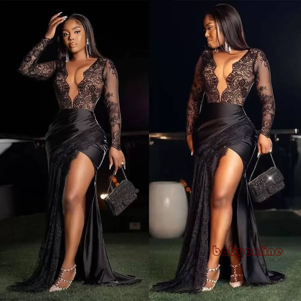 Sexy Black Satin Mermaid Prom Dress Thigh-High Slits Evening Gowns Sheer Long Sleeve Lace Applique Women Formal Occasion Robes
