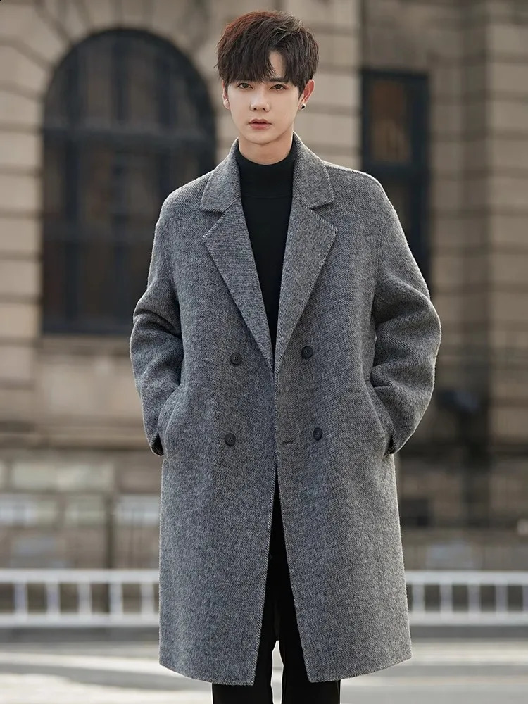 Men's Double-Faced Woolen Coat Thick Winter Fashion Casual Style Non Cashmere British Style Windbreaker Long Sleeve Open Front 260916
