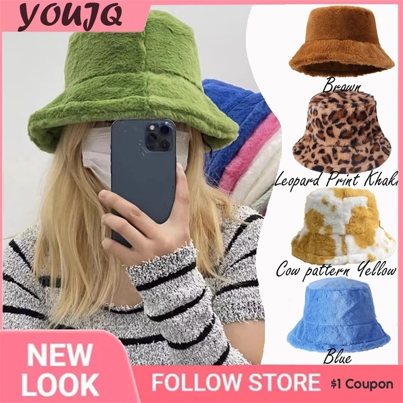 Winter Rabbit Plush Fisherman Hats for Women Girl Bucket Hat Windproof Leopard Soft Faux Fur Wide Brim Lady Women Artist Cap260915ww