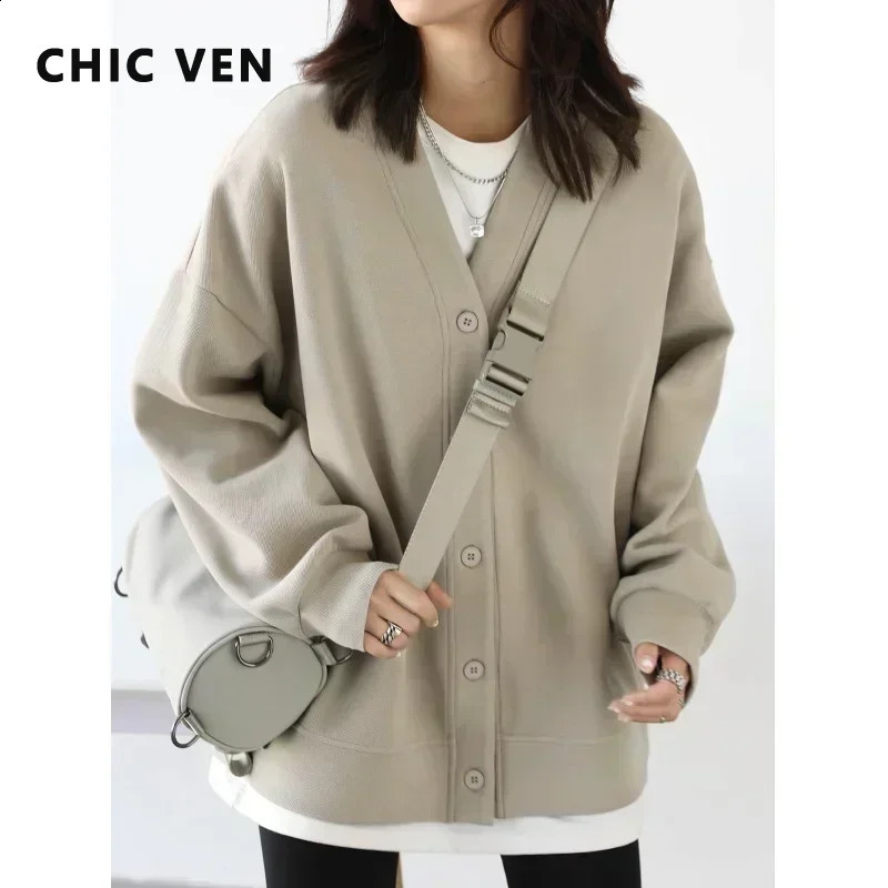 CHIC VEN Korean Autumn Winter Womens Sports Coat Casual Loose Vneck Sweatshirt for Women Thick Warm Tops Office Lady Female 260917