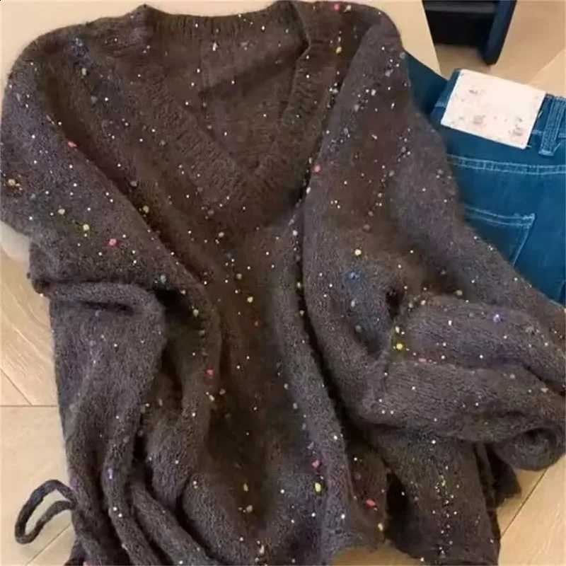 New Sequin Sweaters AutumnWinter Women Retro Print Knitted Pullovers Girls Sexy V Neck Sweatshirt Female Elegant Korean Clothing J260916