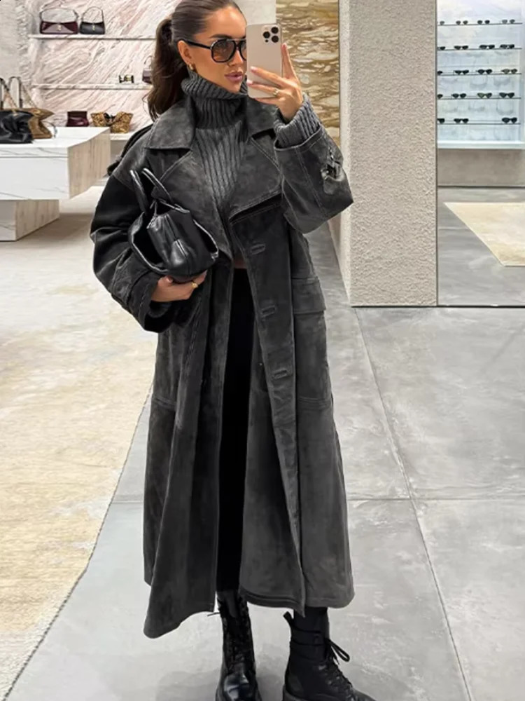 Fashion Solid Women's Trench Coat Wide Lapel Collar Long Sleeves Oversize Loose Tops Chic 2026 Spring Autumn Street Wear 260917