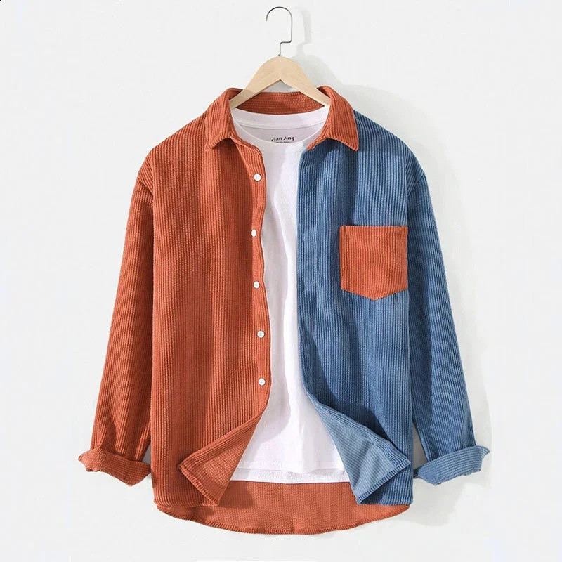 2025 autumn corduroy lapel contrasting color youth men's clothing Harajuku casual loose long sleeved shirt 260917