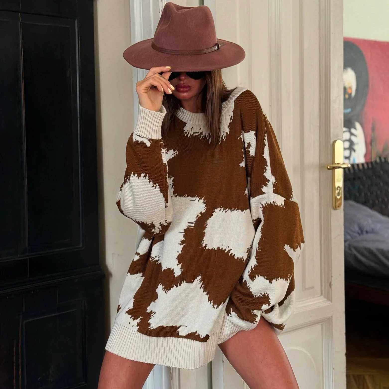 Oversize Knitted Sweaters Loose for Women Jumpers Fashion Pullover Cow Pattern Sweater Autumn Winter Warm Lazy Casual pulls J260916