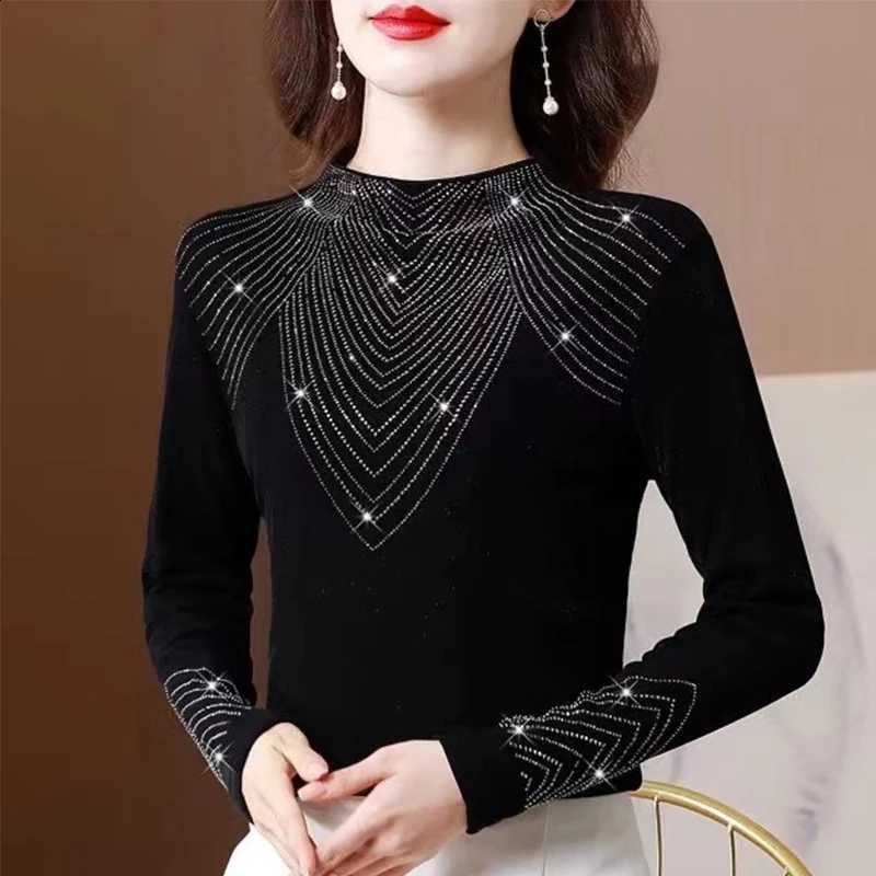 1pcs Autumn Winter Womens Shining T-shirt Female Fashion Black Slimming Tee Female Half Mock Neck Thermal Base Layer Top H260916