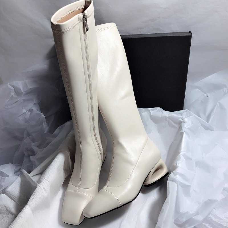 Heel Square Toe Cutout Block Elegant Soft Leather Versatile Side Zipper High Heel Temperament No Knee Boots for Women D260917