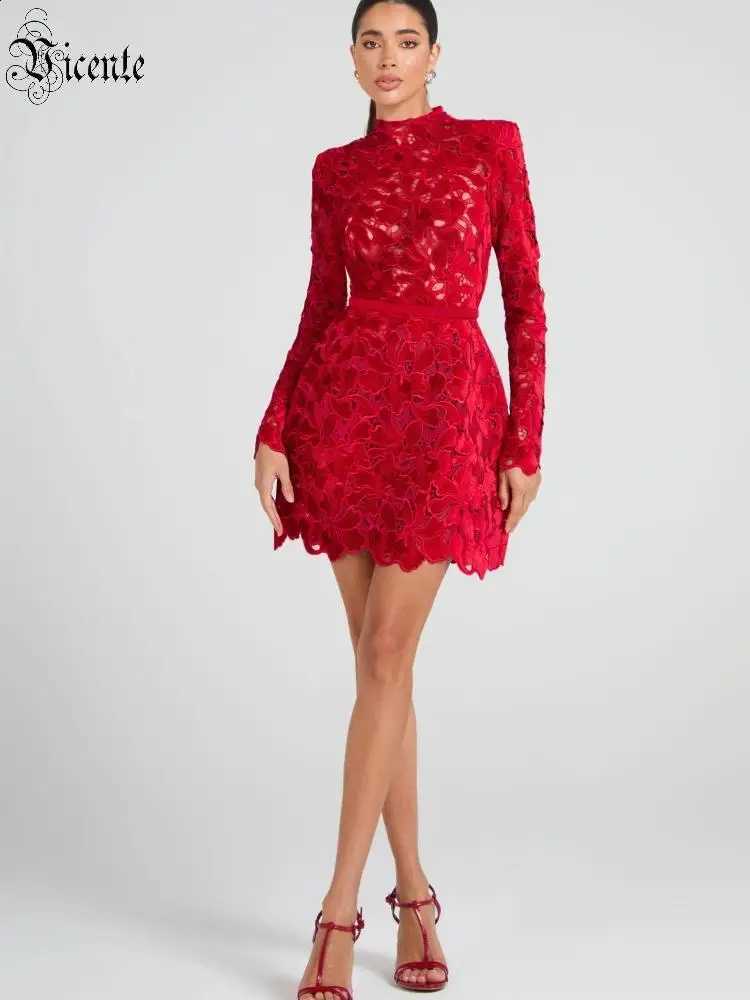 Party Retro VC Glamour Red Lace Waist-Cinched Long Sleeves Mini Dress Fashion Sexy Evening Gown C260917