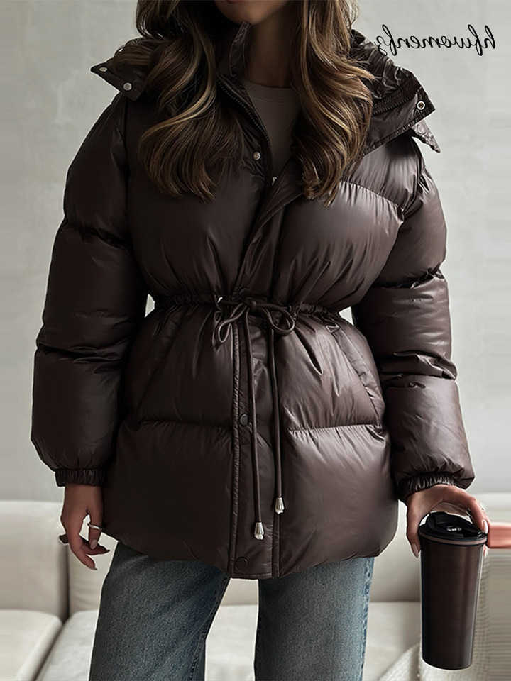 Drawstring Women's Jacket Hooded Winter Waist Cinched Long Sleeve Zip Up Solid Warm Padded Coat 2026 Fashion Lady Thick Parkas H260917