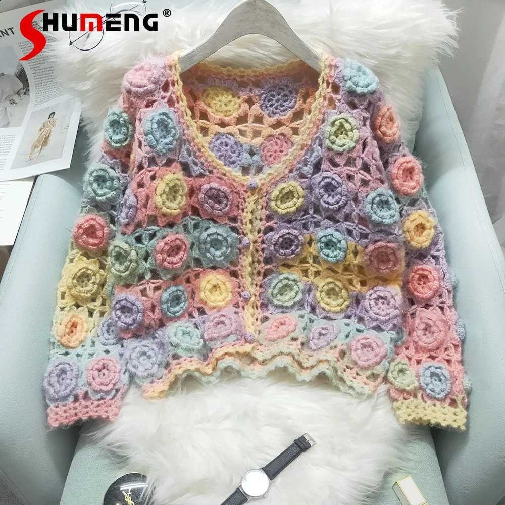 Autumn Winter New 2024 Design Knitwear Heavy Industry Manual Rose Crocheted Hollow-out Knitted Cardigan Sweater Top Coat Women J260916