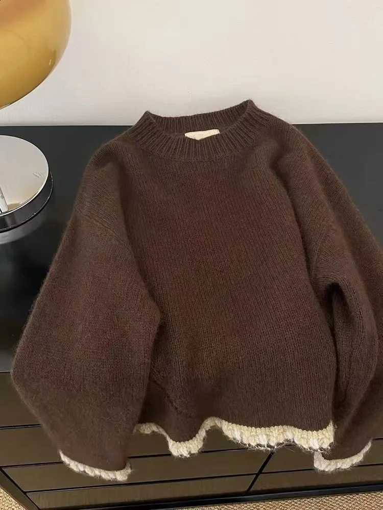 New Coffee Color Korean Round Neck Sweater For Women Autumn Winter Long Sleeved Knitted Sweaters Vintage Female Pullover Tops J260916