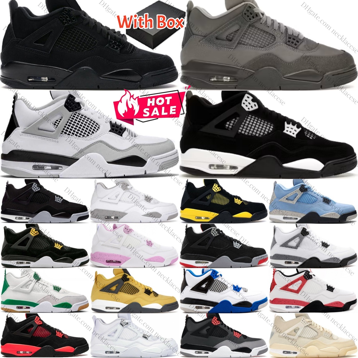 With Box Basketball Shoes 4s Black Cat 4 White Thunder Cool Grey Cement Military UNC Fire Red Oreo Sail Pine Green Women Men Pure Money Military Can