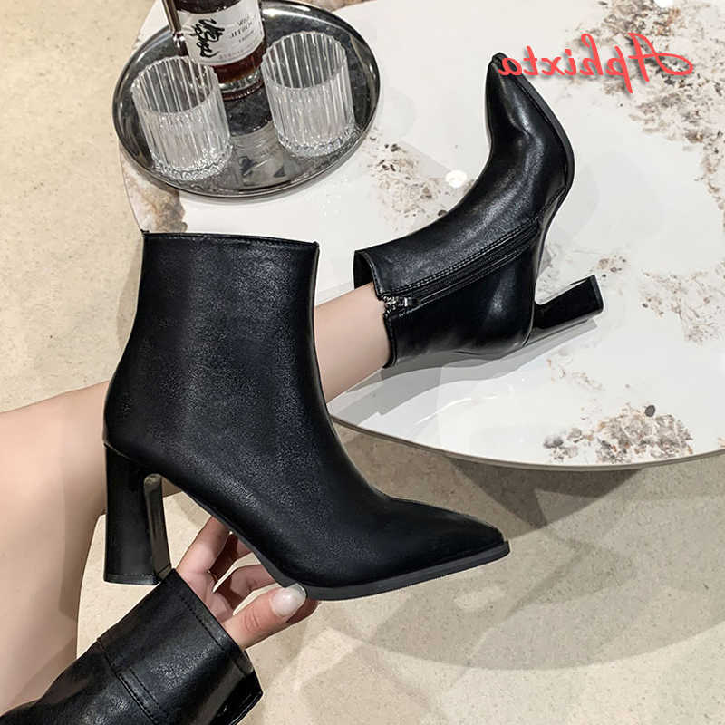 Warm Aphixta Zipper Black Winter Plush Ankle Boots Women 8.5cm Square Heel Zip Lady Footwear Shoes Super Big Size 44 45 46 D260917