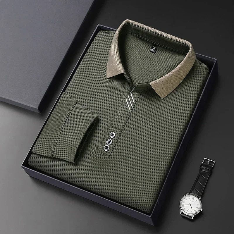 Waffle Men's Long Sleeve T-shirt Spring Lapel Business Casual Polo Shirt Elastic Base Shirt Top Men Clothes 260916