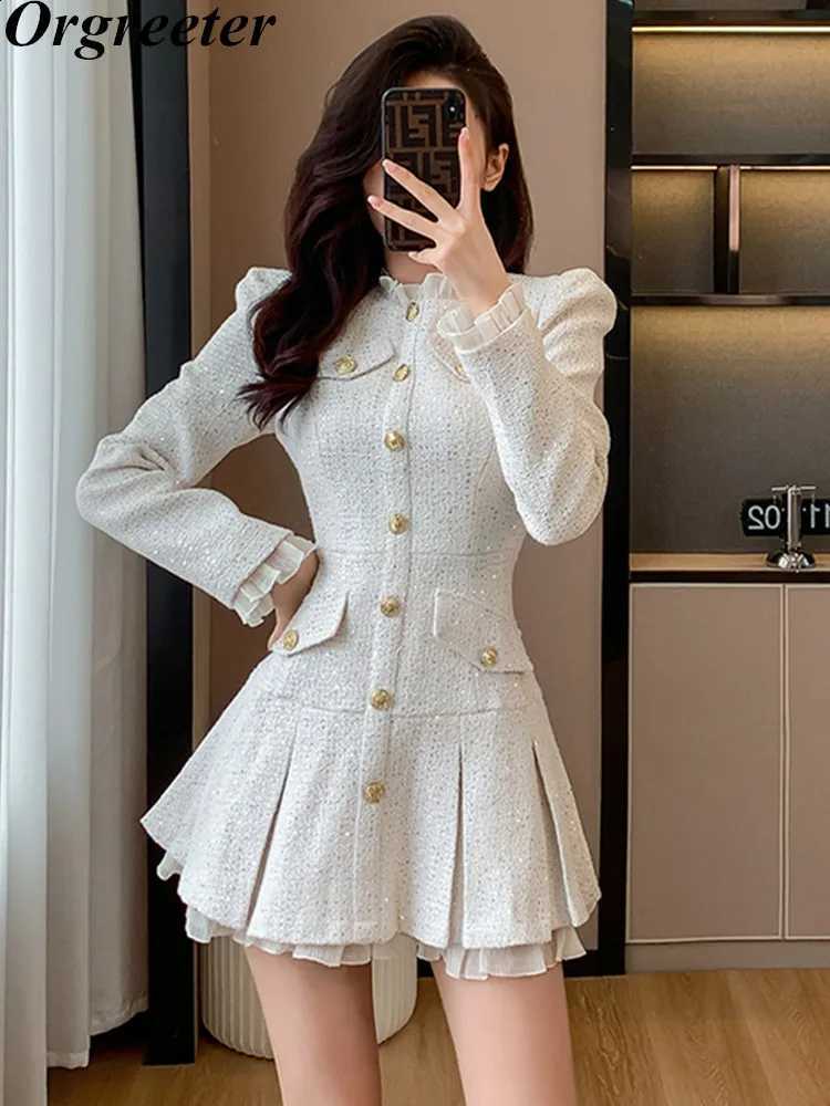 Tweed Woven Vintage Fringe Short Dress for Women Autumn Winter Ruffles Trim Sequins Slim Pleated Mini Dress C260917
