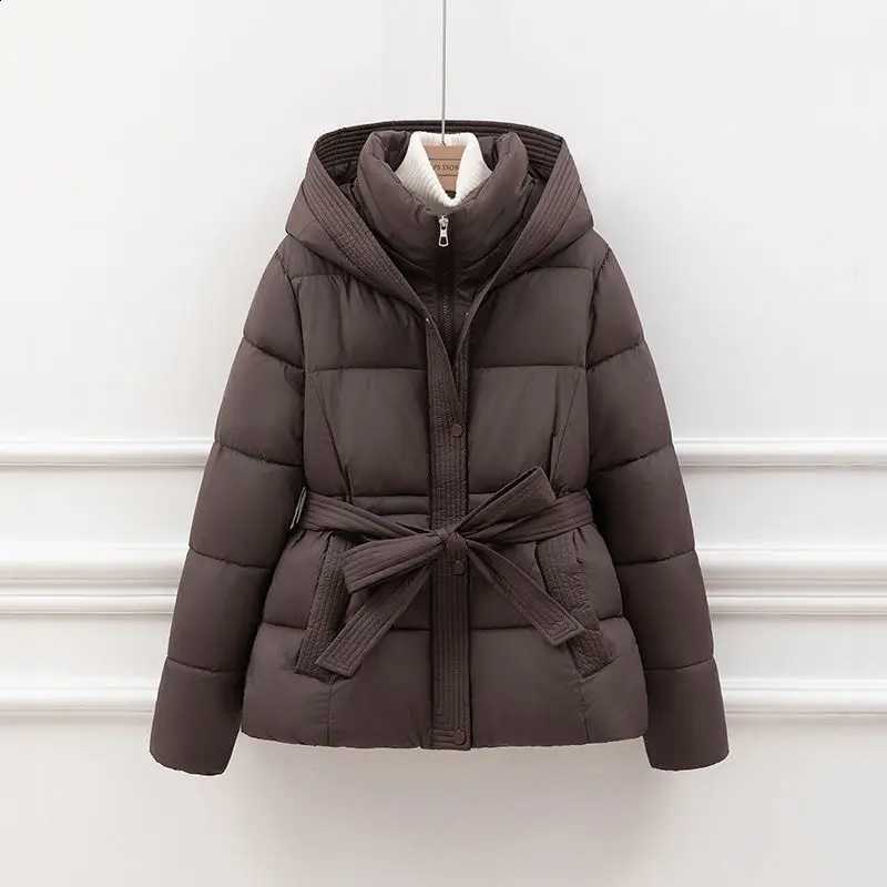 2026 New Winter Jacket Women Warm Parkas Long Sleeve Tops Casual Cotton Padded Jackets Belt Black Brown Hooded Outwear Female H260917
