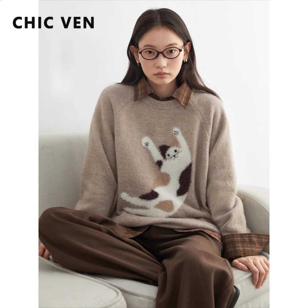 Women CHIC Sweaters VEN Loose Casual O Neck Knitted Cartoon Cat Warm Knitting Jumper Female Jumpers Pullovers Autumn Winter 2025 J260916