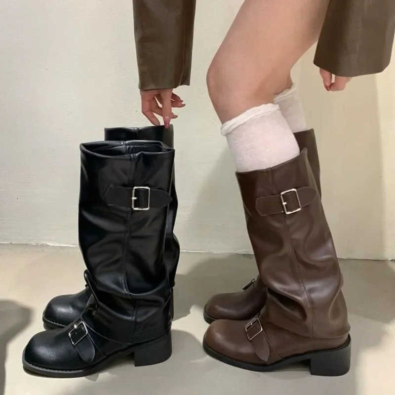 High Knee Woman Platform Boots Chunky Heels Trend Punk Gothic New Rock Leather fashion Women's Shoes Motorcycle Footwear Q221 D260917