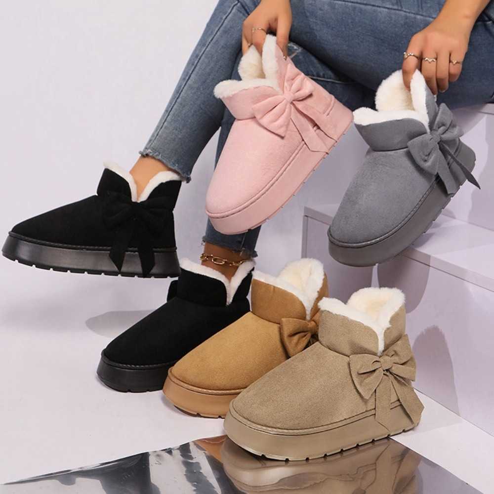 Women's Snow Boots Lining Bow-knot Keep Warm Slip-On Platform Boots Soft Comfortable Winter Shoes D260917