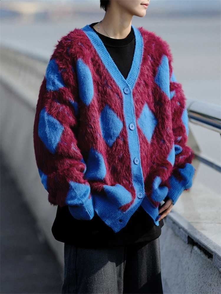 Mohair Pattern Cardigan Vintage Unisex Plush Knit Sweater Oversized Couple Matching Lazy Style Fall Winter Cozy Cover Up J260916