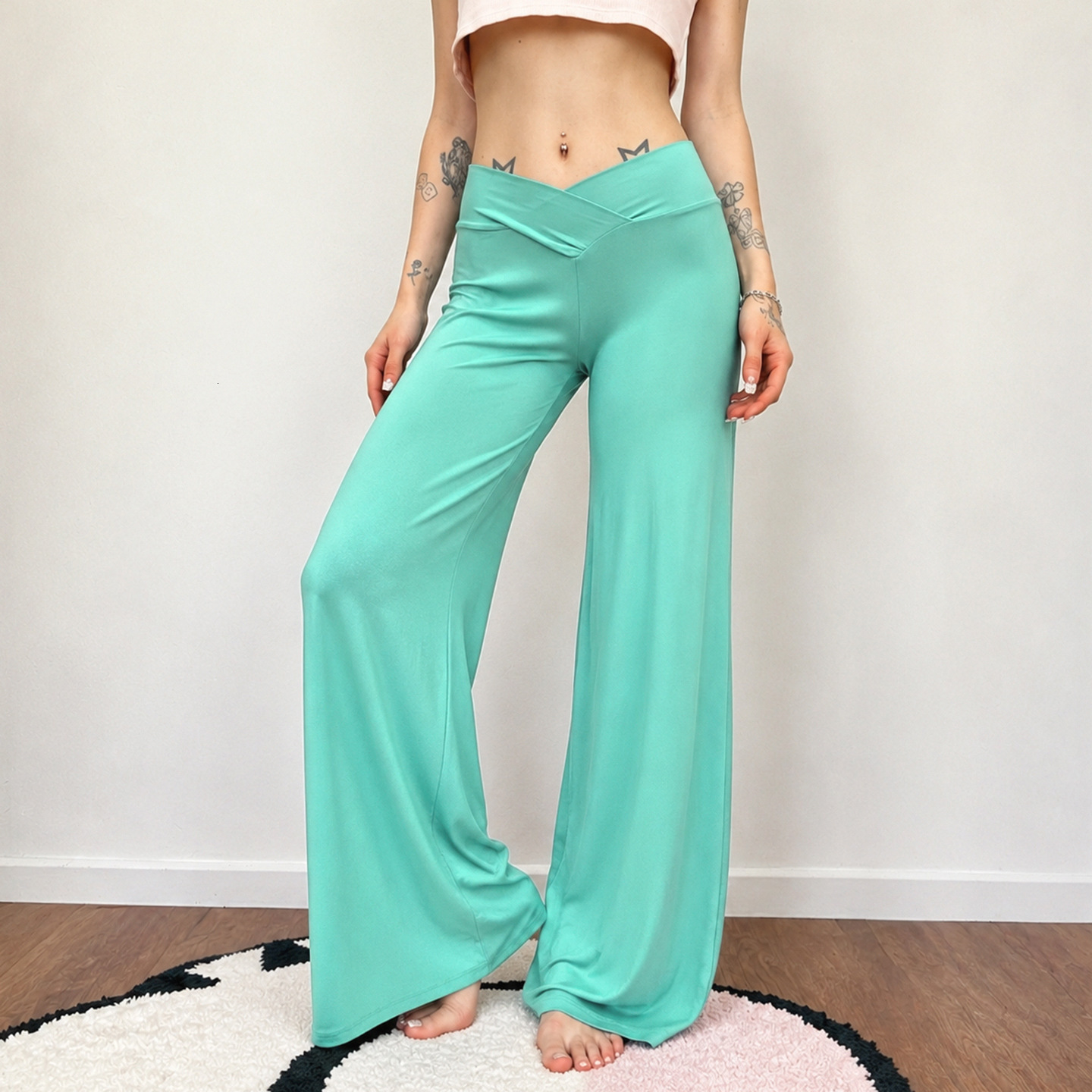 European American style cross-border basic solid-color, soft, brushed fabric, comfortable lounge pants with a V-shaped waist, casual, flowing, and w