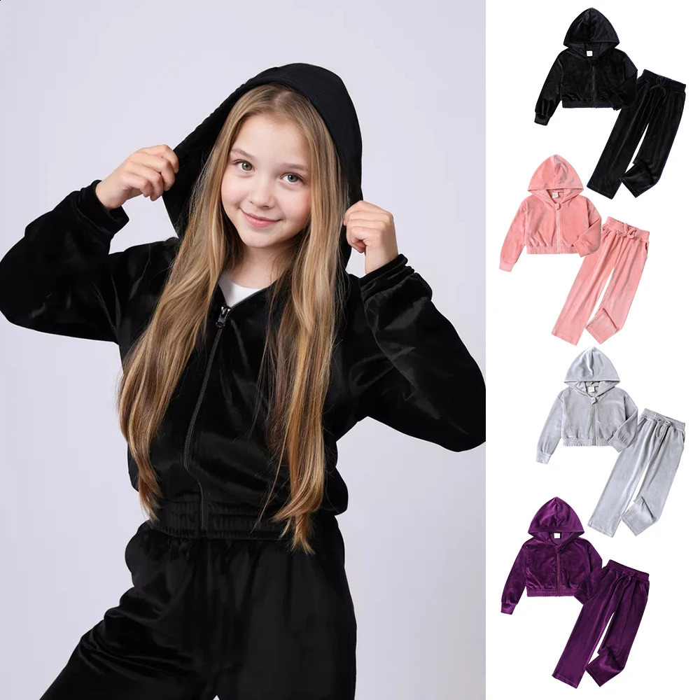 1-14Y Children Girls Velvet Tracksuits Kids Winter Autumn Thicken Fleece Comfortable Hooded Vest Sweatpants Outfits 260916