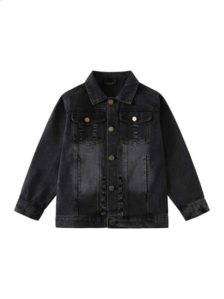 Black Distressed Kids Denim Jacket Boys Girls Vintage Washed Ripped Jean Coat Lapel Button Casual Streetwear Children OuterwearT260916
