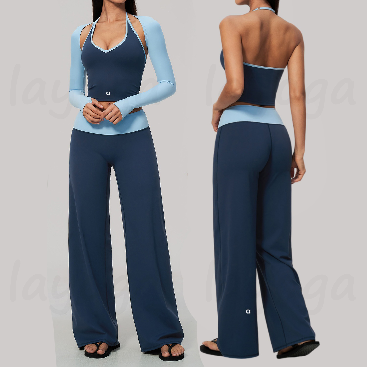 2026 New Sports Yoga Set V Neck Halter Tank Top Built in Bra Shrug Long Sleeve Cover Up Fashion High Waist Flared Pants Pilates 9636