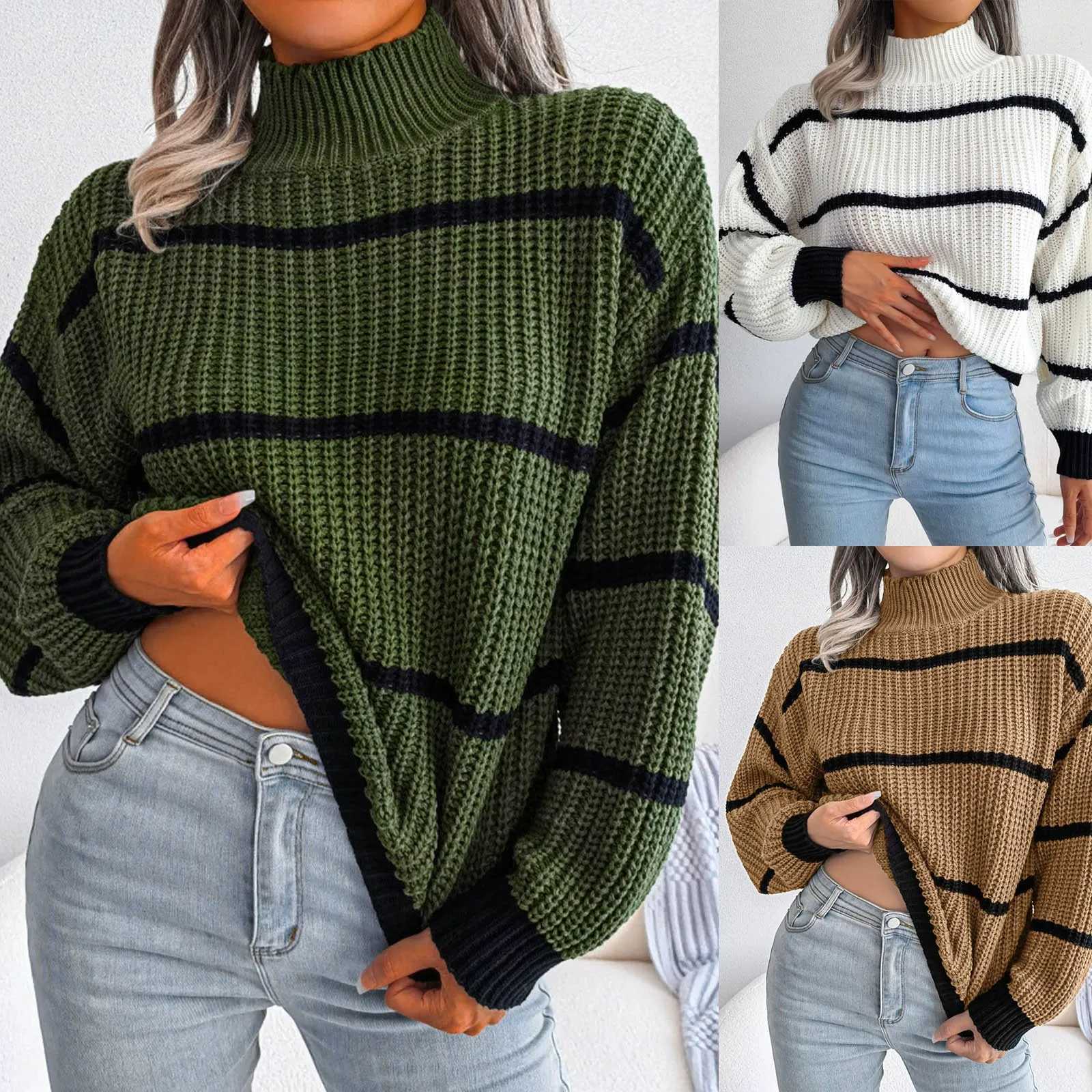 Women's Oversized Winter Pullover Sweater Knitted Ribbed Striped Long Slve Thicked Sweater Elegant Turtleneck Sweater Chic Top S260917PTQT