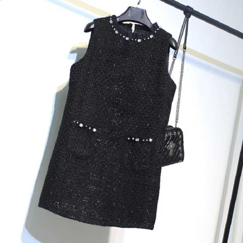 Autumn Winter Women's Black Tweed Fragrant Wind Handmade Beaded Sleeveless Tank Top Dress C260917