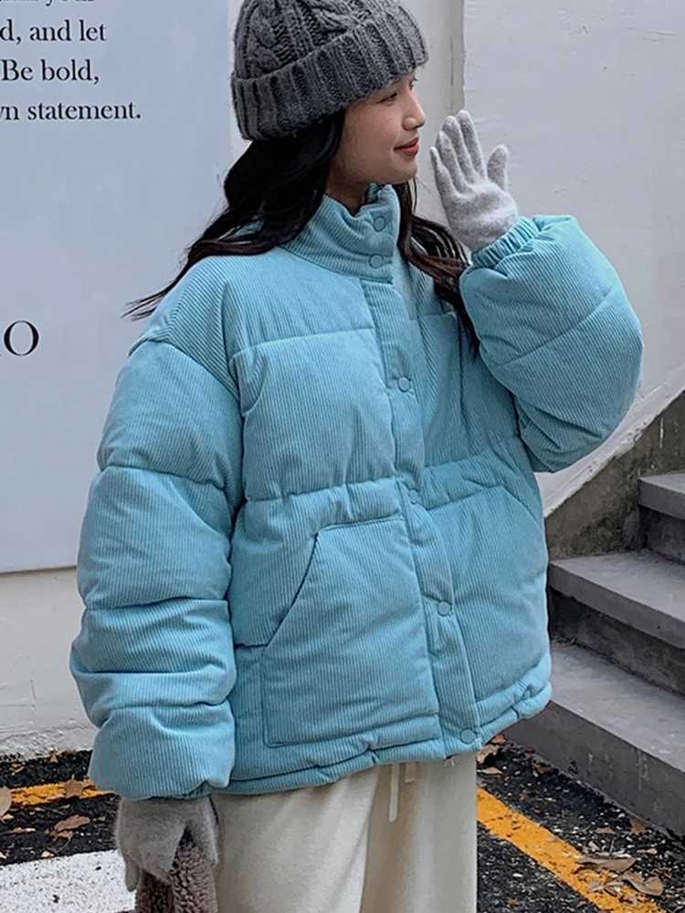 Zoki Women Sweet Corduroy Parkas Warm Long Sleeve Retro Stand Collar Cotton Coat Winter Thick Casual Preppy Style Korean Jacket H260917