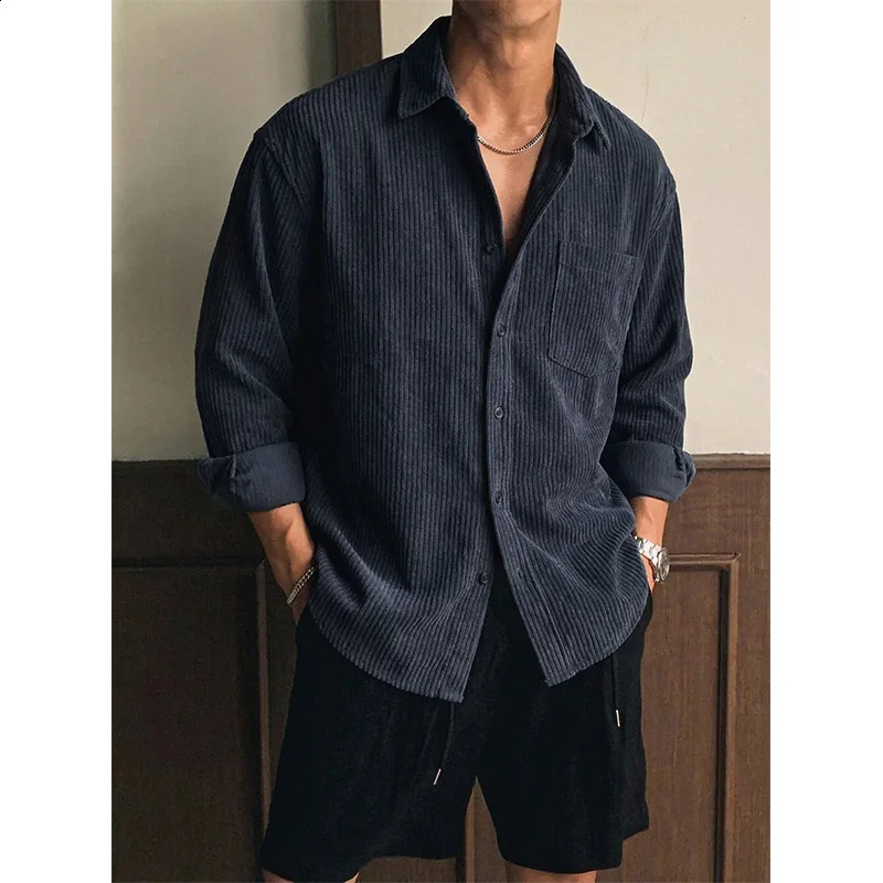 Old Money Men's Corduroy Shirt Long Sleeve Solid Stripe Loose Fit Vintage Workwear Style Drop Shoulder Casual Top 260917